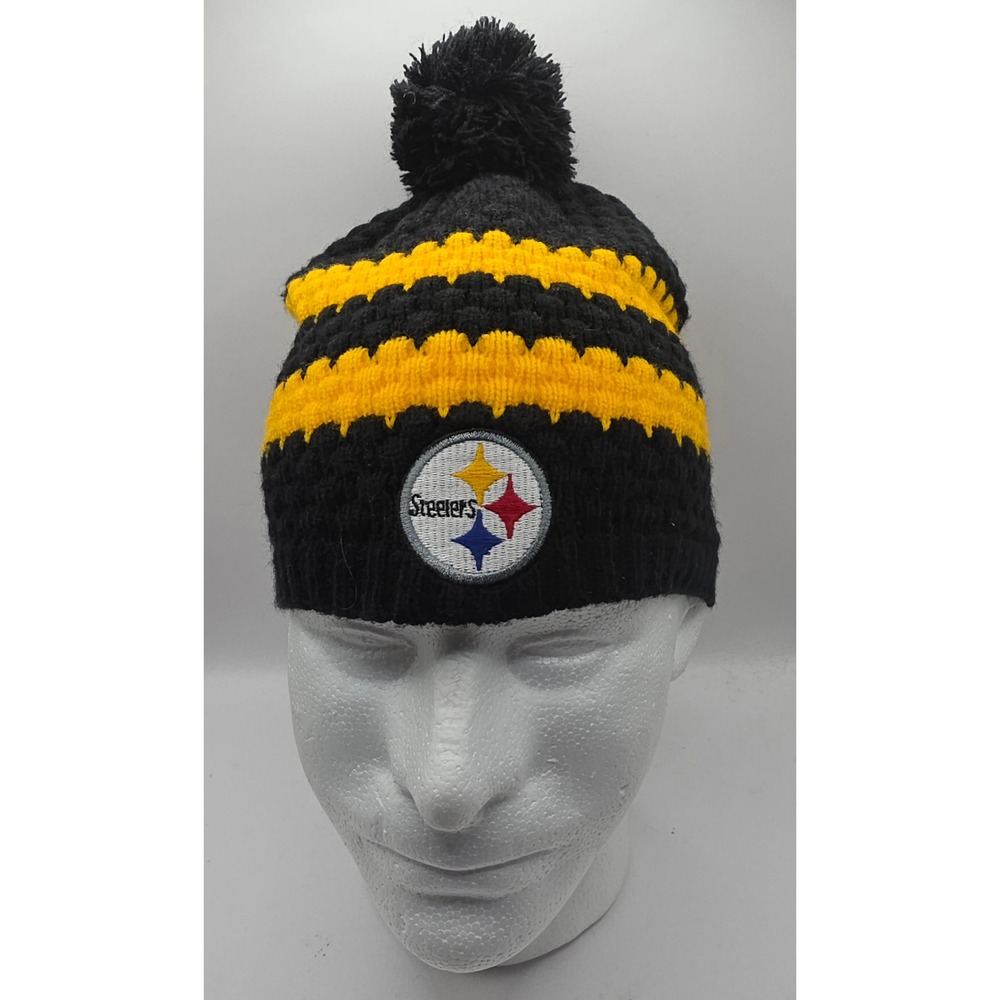 Pittsburgh Steelers Womens Black Gold Stripe Knit Beanie Pom Hat NFL Football